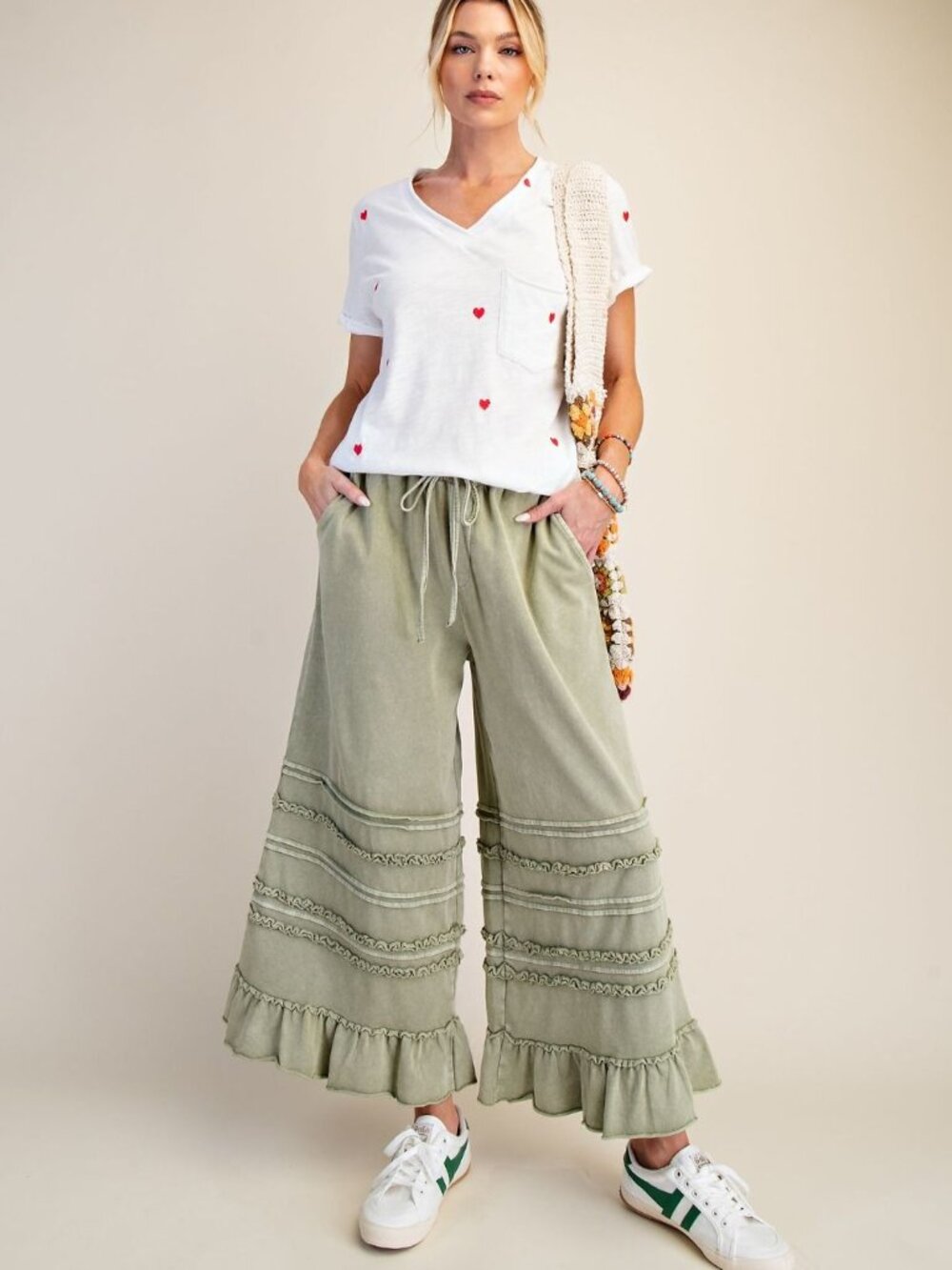 EASEL WASHED TERRY TIERED RUFFLED WIDE LEG PANTS 100% COTTON